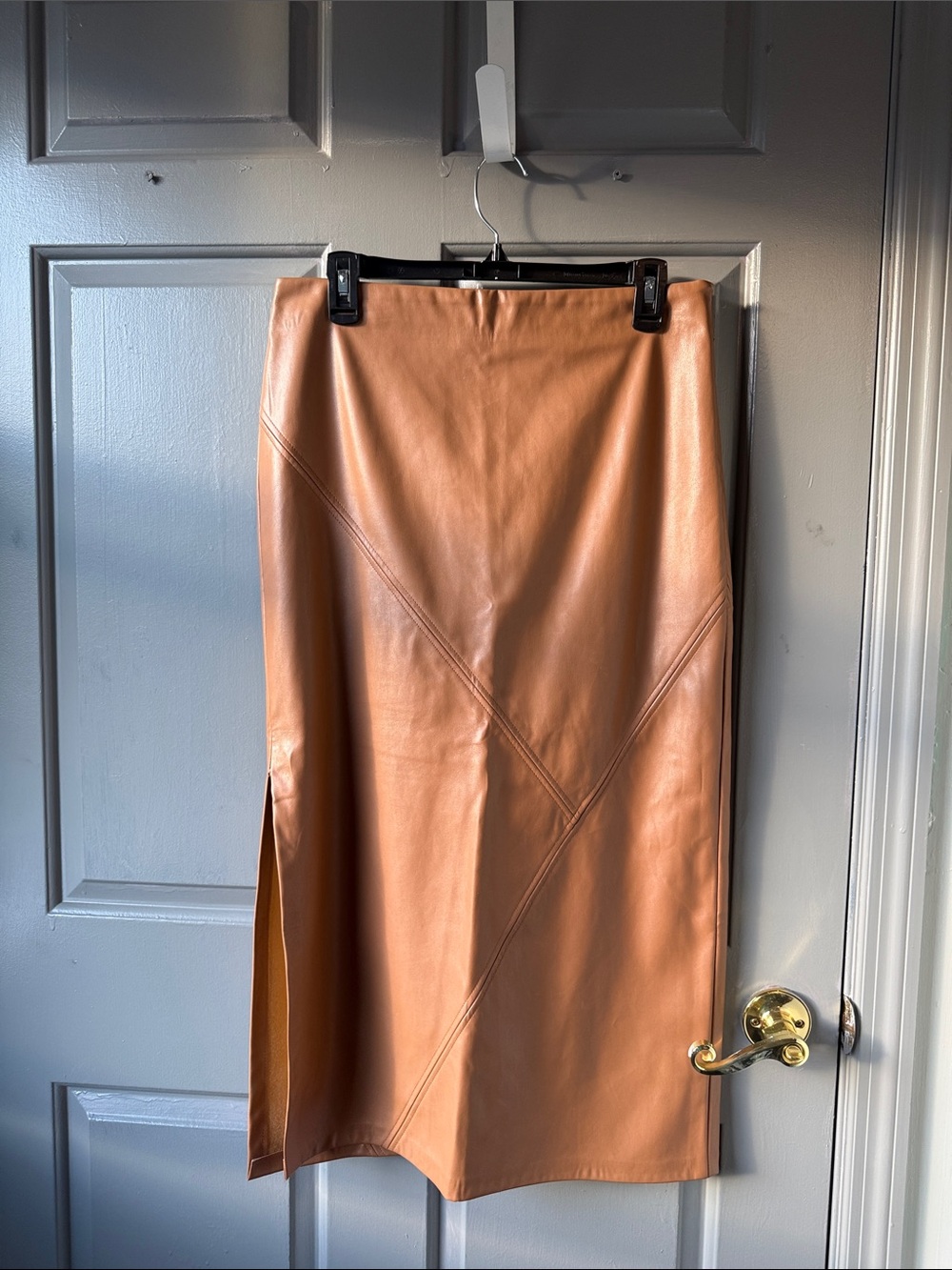 Hem & Thread Faux Leather Midi Skirt in Cognac Brown